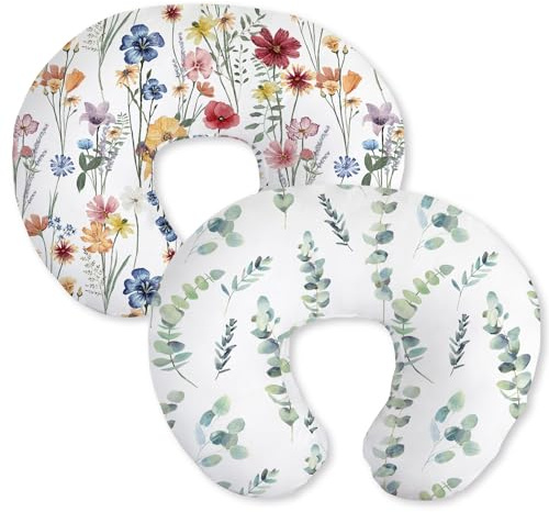 Little Grape Land Nursing Pillow Covers 2 Pack, Soft & Breathable Removable Breastfeeding Pillows Covers for Feeding Pillows, Nursing Pillow Slipcover for Baby Girls Boys, (Leaves & Flowers)