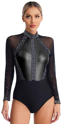 Oyolan Damen Turnanzug Langarm Ballettbody mit Strass Gymnastikanzug Eiskunstlauf Anzug Wettkampf Ballettkleidung