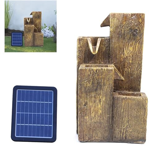 BTGGG Solar-Powered Garden Water Fountain with LED Lights - Wooden Stepped Waterfall Feature for Outdoor Garden Decoration