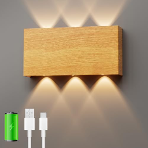 WOKWOYIO Akku Wandleuchte Innen, Touch Control 3 Farbtemperaturen, Stufenloses Dimmen LED Kabellos für Flur Wohnzimmer (Holzfarbe ohne Bewegungsmelder)