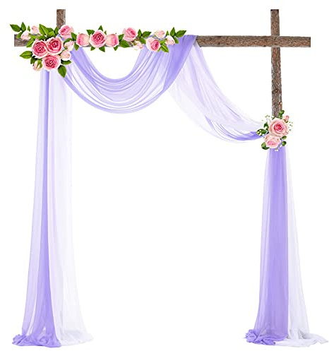 SYSUII 2 Stück 75 * 600cm Querbehang Transparente Freihanddeko Transparentem Voile Deko Hochzeitsbogen Gardinen Hintergrund Vorhang Dekoration für Schlafzimmer Wohnzimmer Fotografie-weiß + lila