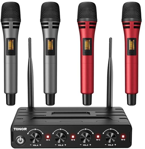 TONOR Micro Karaoke sans Fil avec 4x5 Canaux, UHF Microphone Systèmes Dynamique Portable à Main avec Récepteur, Portée de 60m, Signal Stable pour Le Chant, la Fête, l'église, Argent Mariage DJ, Rouge