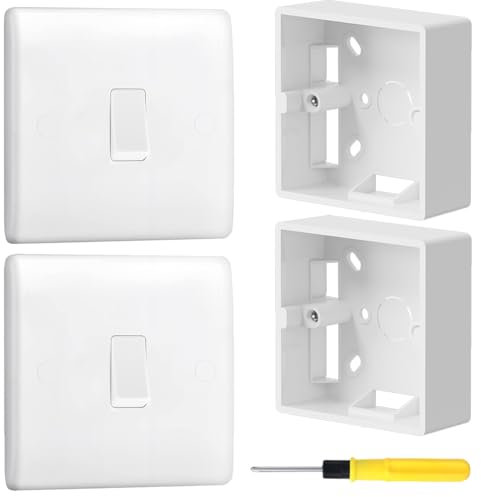 Acmerota 2Set 1Gang 2Way Electric Wall Light Switch 10 A 250 V A.C Curved Edge White Single Wall Switch with Single Surface Mount 35mm Pattress Box for Home Office with Screw Screwdriver