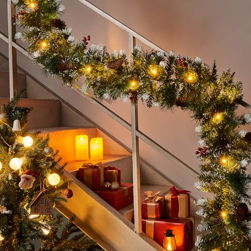 Luxury Thick Pre-Lit 9FT Snow Christmas Garland, Artificial Xmas Garlands with 50 LED Lights, Pine Cones and Red Berries, Pine Needles for Fireplace Stairs Door Window Christmas Decorations