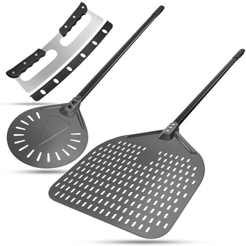 14 Zoll Perforierter Pizzaschieber 9 Zoll Pizzaschaufel aus Hart Eloxiertes Aluminium, Pizzaschneider Rocker, 35 cm Pizza Rocker mit Abdeckung, 3PCS Pizzabackofen-Sets für den Grill & Backofen