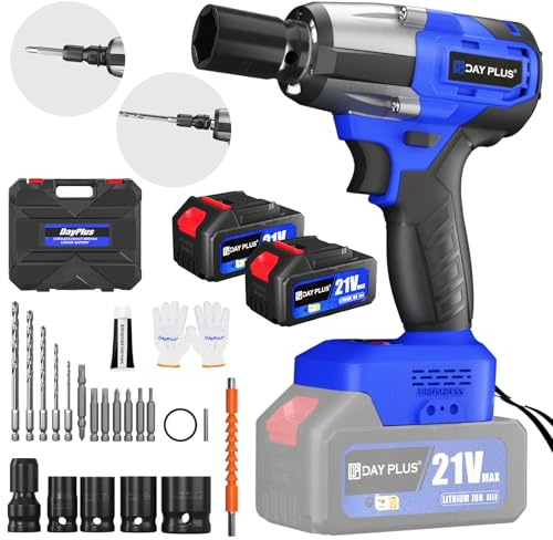 21V Cordless Impact Wrench, 1/2 Power Impact Driver, 2500RPM & Max Torque 450Nm, 3-in-1 High Torque Electric Wrench with 4 Socket Set, 12 Drill Set,2 Battery, 1 Charger and 1 Carry Box, for Car Home
