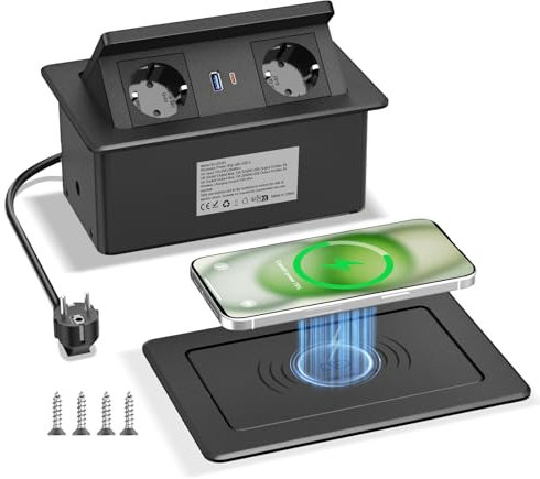 Presa a scomparsa con caricatore wireless e USB C PD 20 W, presa da incasso a scomparsa per piano di lavoro, scrivania, presa da incasso nera, cavo da 1,8 m