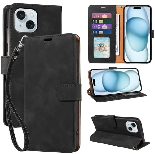 GOTOURED PU Leather Flip Case for iPhone 15 with Wallet (Black) | RFID blocking, 4 ID/credit card slots, detachable wrist strap, adjustable stand, secure magnetic closure, shockproof