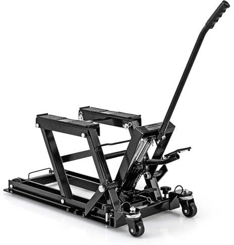 GYMAX Elevador de Motocicleta, Plataforma Elevadora con Capacidad de Carga de 680 Kg, Elevador Hidráulico Móvil con 4 Ruedas, Plataforma Antideslizante para Reparación, para Motocicletas (Negro)