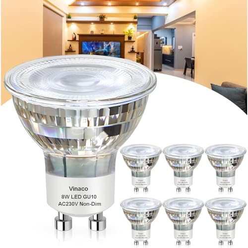Vinaco LED Flicker-free GU10 Bulb, 6PCS Long Lasting MR16 GU10 LED Bulb 2700K Warm White, 790LM GU 10 Bulbs Non Dimmable 8W (100W Equivalent) Light Bulbs, GU 10+C 230V 100W for Track Lighting