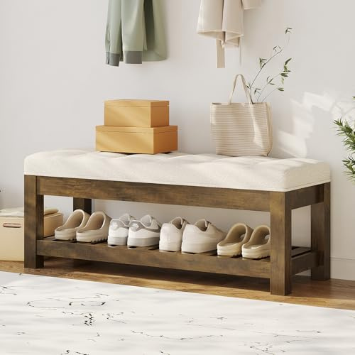 Welfuturer Large Upholstered Ottoman Bench Entryway Storage Benches Tufted Linen Ottoman Bench with Wood Shelf Padded End of Bed Bench for Bedroom Living Room Hallway Decor