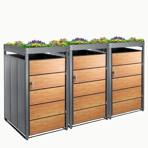 3er Mülltonnenbox für 240L Tonnen Müllcontainer für 3 Mülltonnenverkleidung mit Pflanzdach abschließbar Müllbox Tonnenhaus Abfallbox Abfallbehälter Gerätebox für Garten Einfahrt Holzoptik Tür