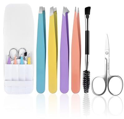 KEMUZ 6Pcs Pinzette Sopracciglia Professionale, Portatile Acciaio Inossidabile Pinzetta Sopracciglia, Rivestimento Antiscivolo Strutturato, Per Viso, Mento, Peli Incarniti