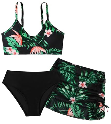 SEAUR Mädchen Bikini Set mit Rock 3 Teilig Badebekleidung Gepolstert Teenager Bademode Modisch Gedruckt Badeanzug Kinder - 150