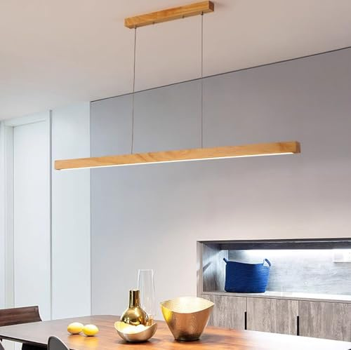 XIANHE Esstischlampe Holz LED Pendelleuchte Dimmbare Hängelampe Mit Fernbedienung Deckenleuchte Für Küchen Insel Esszimmer Wohnzimmer Bar Hängend Lampen Modern Linear Höhenverstellbare (Holz, L100cm)