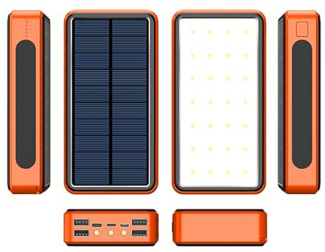 Batterie Externe, Chargeur Solaire Portable, Grande capacité 30 000 mAh, 4 Sorties intégrées et 1 entrée, Chargeur Rapide 5 V 3,1 A, Compatible avec, Orange, 10 000 mAh