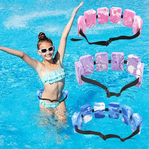 Schwimmgürtel, Eeinstellbare Schwimmhilfe mit 6 Blockelementen & Sicherheitsverschluss, Schwimmtrainer geeignet für 19-30 kg (Blau + Rosa + Lila)