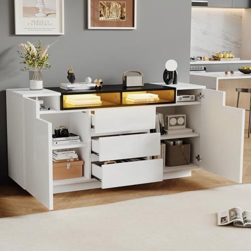 EURHCIO Buffet Cuisine Salon 140x60x48cm,Commode,Buffet Salle a Manger,Meuble Cuisine avec 3 Tiroirs,éclairage LED Réglable,étagères Réglables,2 Portes en L,pour Salon(Blanc 1)