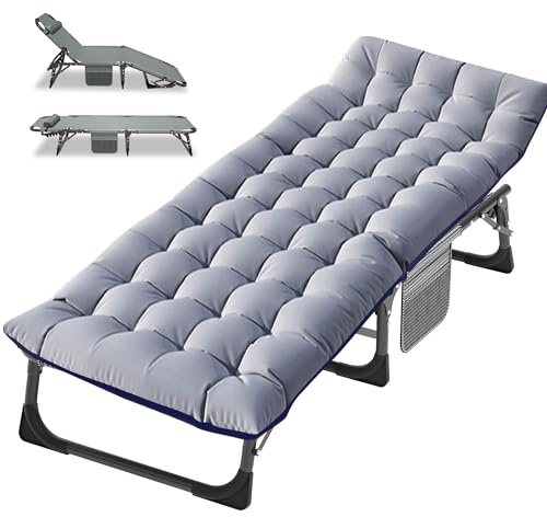 Folding Camp Bed with Mattress & Side Pocket 200KG Capacity Sun Lounger for Adults Adjustable Backrest Steel Frame Oxford Cloth Camping Cot for Garden & Travel