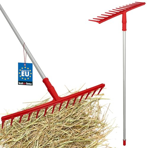 KOTARBAU® Rateau Jardin - Rateau À Feuille - Plastique - 54 cm - 14 Dents - avec Manche en Aluminium 130 cm - Extra-Click - Léger - Balai a Gazon - Ergonomique - Rouge & Argenté