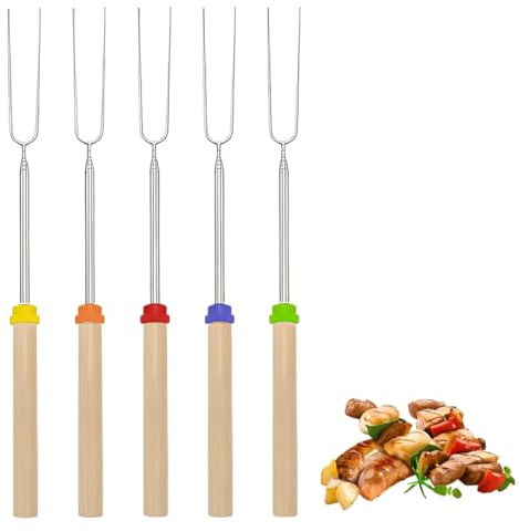 5 Pezzi Teleskop Grillspieße Edelstahl 31-81 cm, Spiedini Telescopici, Stockbrot Spieße Marshmallow con Manico per Kebab da Falò, Barbecue in Forchette Allungabili, Barbecue da Campeggio