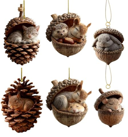 Weihnachtsbaum Ornamente Set 6 Stück, Schlafende Tiere in Nussschalen & Tannenzapfen, 8cm 2D Acryl Anhänger mit Winter 2025 Design für Christbaumschmuck