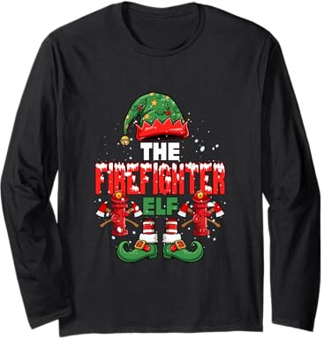 The Firefighter Elf Christmas Costume Elf Hat Shoes Job Team Long Sleeve T-Shirt