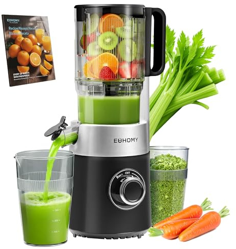 EUHOMY Entsafter, Slow Juicer, Entsafter Gemüse und Obst Testsieger mit | 135MM Einfüllöffnung | 1,8 L Füllvolumen | 2 Tassen | Saftpresse Elektrisch, Blacksilver