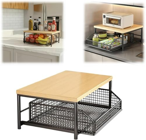 Organizador para encimera de cocina con cajón y cesta | Estante de 2 niveles para máquina de café, horno microondas, tostadora y especias | Solución ahorra espacio para encimera