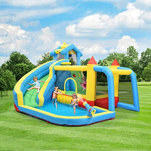 Castello Gonfiabile per Bambini 3 ai 10 anni, con Scivolo, Zona Salto, Pallacanestro e Calcio, Piscina d'acqua e Soffiatore, Gonfiabili: 364 x 315 x239 cm