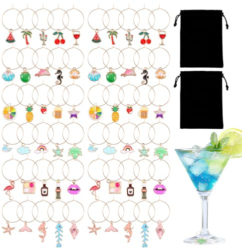 Toaboa 60 Stück Weinglas Anhänger Charms Strand-Thema Weinglas Markierer Ringe Schnallendesign Weingläser Identifizieren Getränke Markierungen für Partys, Hochzeiten, Weinproben