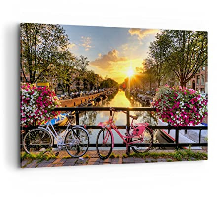 ARTTOR Bilder auf Leinwand 120x80cm Wandbild Blumen Städte - 3081 | Fahrräder Kanal Amsterdam Groß XXL Wanddekoration Wohnzimmer Schlafzimmer Wanddeko Wand Kunstdruck Wandkunst ARTTOR