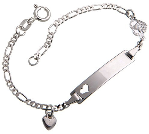 Silberketten Store Baby- & Kinder ID Armband mit Herz & Anhängern inkl. Gravur & Geschenksäckchen I aus 925 Silber gefertigt I nickelfrei für Allergiker geeignet I 10 Schriftarten I 11 cm