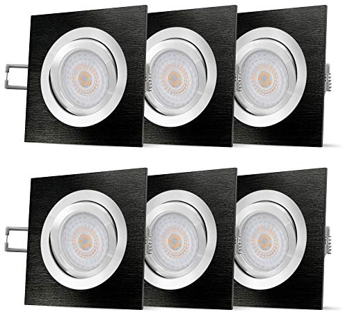 SSC-LUXon QF-2 LED Einbaustrahler 6x eckig schwarz dimmbar 4W warmweiß | Sechs Deckenleuchten eckig schwarz ohne Dimmer - Helligkeit in 4 Stufen am Lichtschalter, warmweiß, schwenkbar