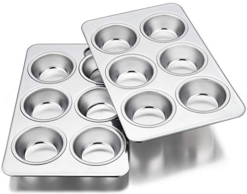 Homikit Moldes para muffins de acero inoxidable, juego de 6 moldes para hornear magdalenas, 2 unidades, para 6 magdalenas, pudding brownies, 29 x 18 cm, apto para lavavajillas