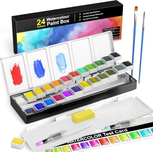 RATEL Aquarellfarben Set Aquarell Malkasten Inklusive 24 Farben Festes Pigment + 1 Hookline-Stifte + 2 Wassertankpinsel +1 Schwamm - wasserlöslich und gut mischbar Aquarell-Farben-Set