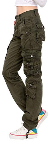 Tomwell Femme Mode Cargo Pantalon Casual Vintage Multi Poche Baggy Straight Slim Pantalon Taille Haute Streetwear Trousers Vert Armée Medium