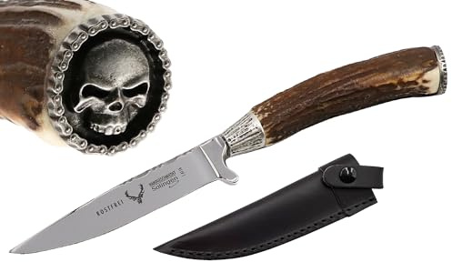 Messer Jagdmesser Skull Totenkopf echt versilbert Hirschhorn Trachtenmesser Jagd Hirschfänger Wild Bock Jagdnicker für Lederhose Biker Jäger Jagd Stahl-Klinge Hirsch, Farbe:Skull B