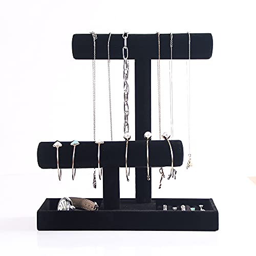 Coward Halsketten-/Armbandhalter, 2 Etagen, mit Ringablage, Schmuckständer für Uhren, Haargummi (schwarzer Samt)