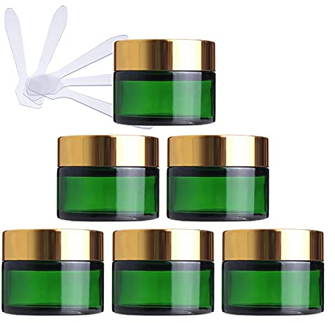ZEOABSY 6 Stück Leere Grün Glas Cremedose 50ml mit Gold Schraubdeckel, Grünglas Schraubdose Glas-Tiegel Glas-Dose Salbentiegel Kosmetik-Dose für Gels Cremes + 6X Spatel