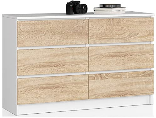 AKORD Kommode K-120 mit 6 (2 x 3) Schubladen | für das Wohnzimmer Schlafzimmer Schrank Büro Arbeitszimmer | Modernes Funktionales Design | B120 x H77 x T40 cm, Gewicht 43kg | Weiß/Sonoma-Eiche