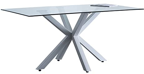JUANIO Mesa de Comedor en Cristal con Patas Color Blanco - Longitud 160 x Altura 90 x Anchura 75 cm