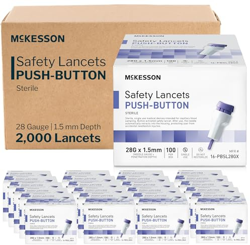 McKesson Lancets for Diabetes Testing [2000 Count] Lancing Device for Blood and Glucose Test, 28G x 1.5 mm, Push Button Activation, Sterile, Single Use