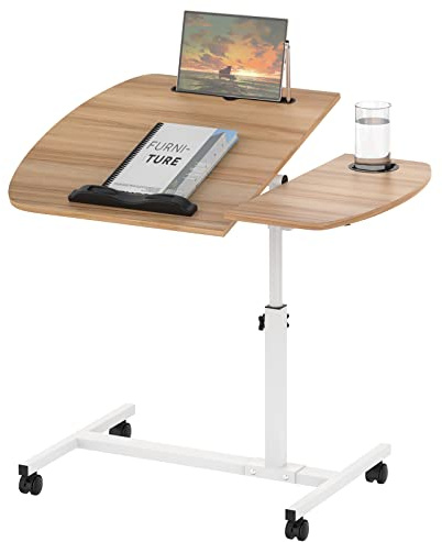 Lvhecforhm Schreibtisch mit Rollen, Schreibtisch Höhe Verstellbar, Klappbarer Bett Sofatisch, 360° Drehbar Heben Laptopständer, Stehpult Laptop 60x40CM Mit Becherhalter und Kartenschlitz Braun