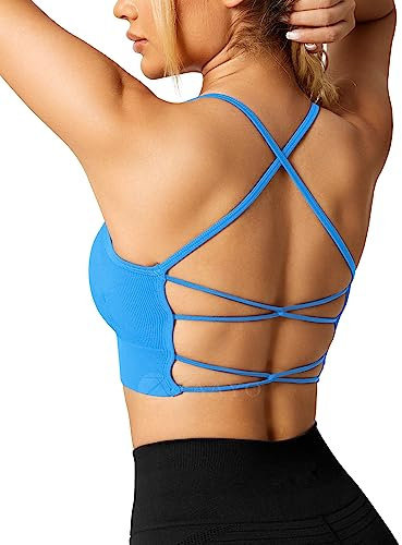 ZAAYO Damen Gym BH Gepolstert Crossback Fitness Sport Bra Abnehmbarer Brustpolster Yoga Tops Gestrickte Nahtlose Sportbekleidung Blue Medium
