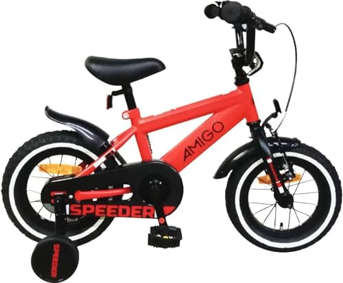 AMIGO Speeder - Kinderfahrrad - 12 Zoll - mit Handbremse, Rücktritt, Lenkerpolster und Stützräder - ab 3-4 Jahr - Rot/Schwarz