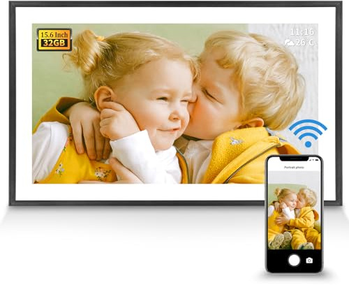 Digital Picture Frame 32G WiFi - 15.6 inch Digital Photo Frame with 1920 * 1080 IPS FHD Touch Screen. Auto Rotate Electronic Picture Frame Share Photos and Videos from Free APP by FLYAMAPIRIT