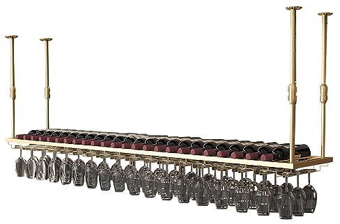 LIGUOYI Hängender Weinglashalter, Weinflaschenhalter Schwarz/Gold Rail Weinglashalter An Der Decke Montiert Einstellbare Höhe Platzsparend Weinglas-Halter Für Stielgläser, Für Bar Küche