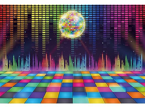 Renaiss 2.5x1.8m Toile de Fond de fête Disco Décor de fête d'anniversaire de Danse Musicale des années 80 et 90Fond De Photo De Boule Disco Néon Coloré De DiscothèqueAccessoires Photo en Vinyle