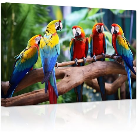 ZXHYWYM Papageien Leinwandbilder tropische Ara Vögel auf Zweig Bilddrucke Wald buntes Tiergemälde für Tierhandlung Zoo Dekoration Gerahmt (Bild-3, (50.00 x 75.00 cms))